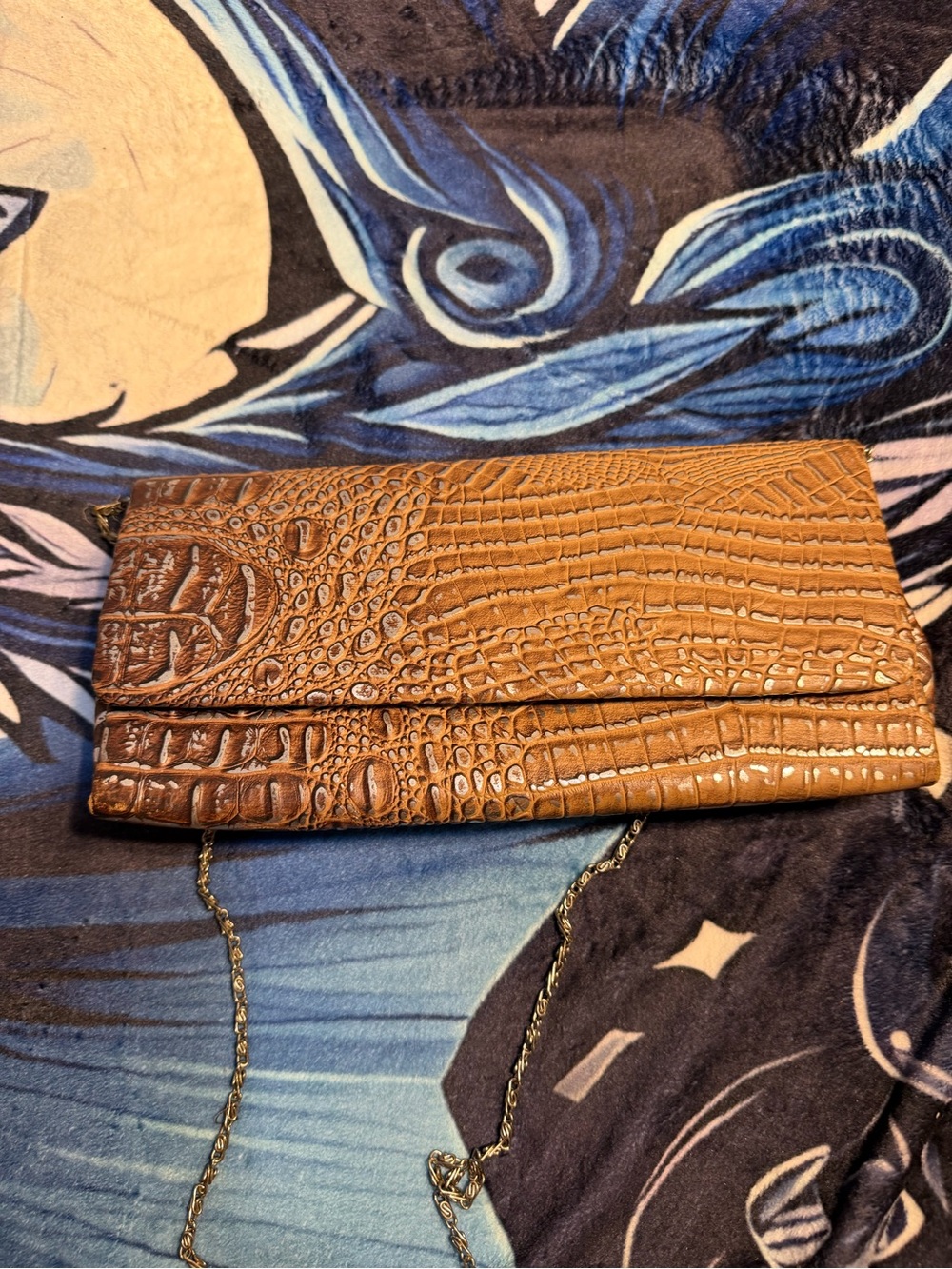 Expressions Croc-Embossed Foldover Clutch in Brown with Gold Chain